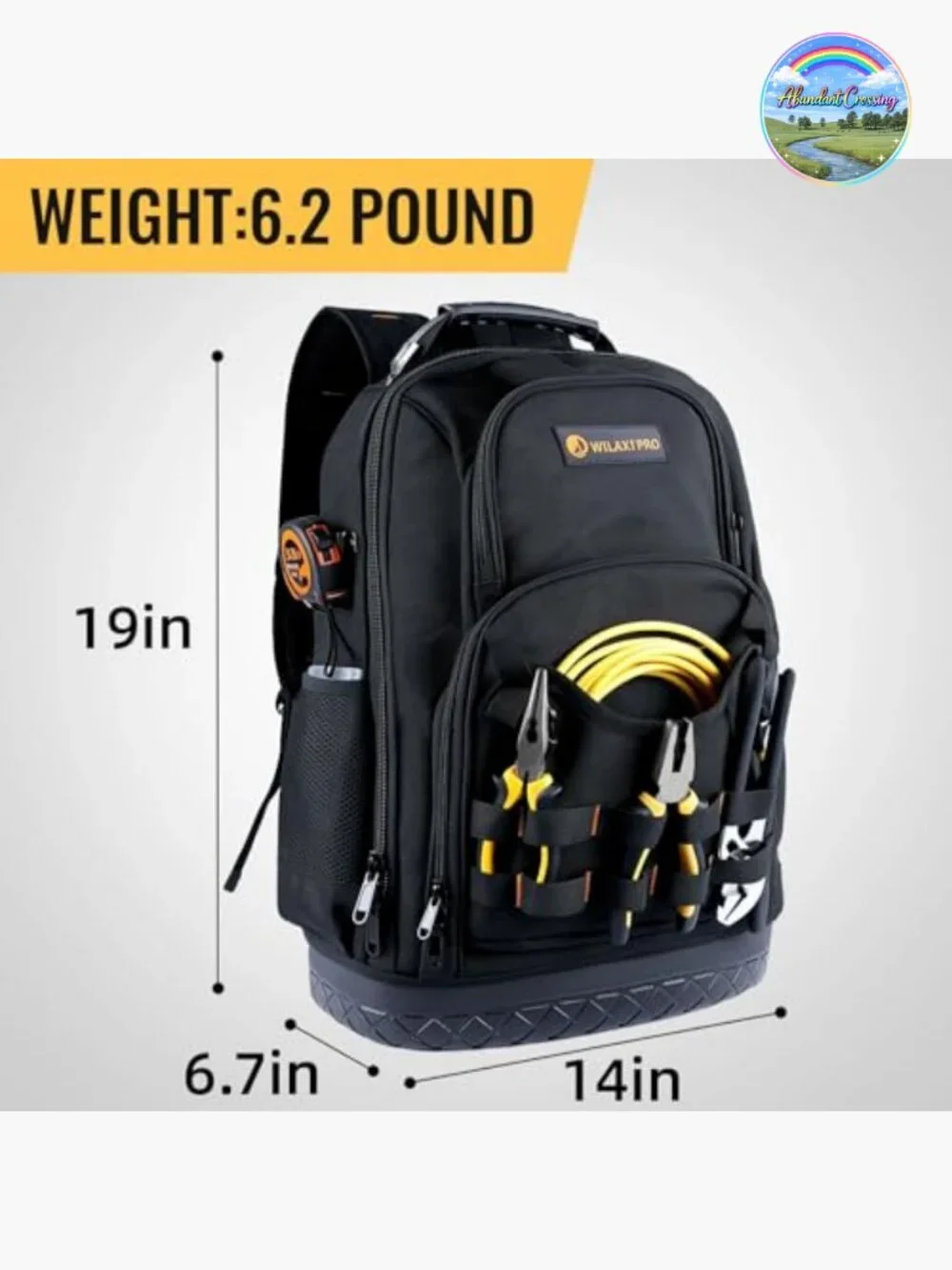 Heavy Duty Tool Backpack, Waterproof Oxford Fabric with Plastic Base, 44